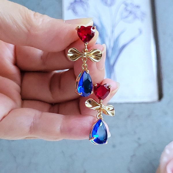 Cute heart stud earrings, Red heart earrings, CZ red and blue drop earrings, Heart earrings gift for her, Sapphire drop earrings