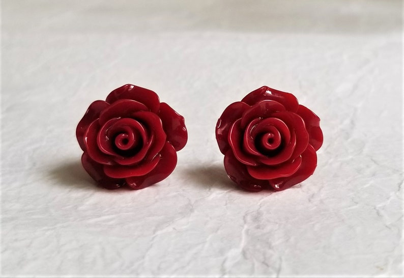 Red rose earrings, Flower stud earrings, S925 earrings, Sterling silver post earring, Sterling Silver Back, Christmas earrings image 2
