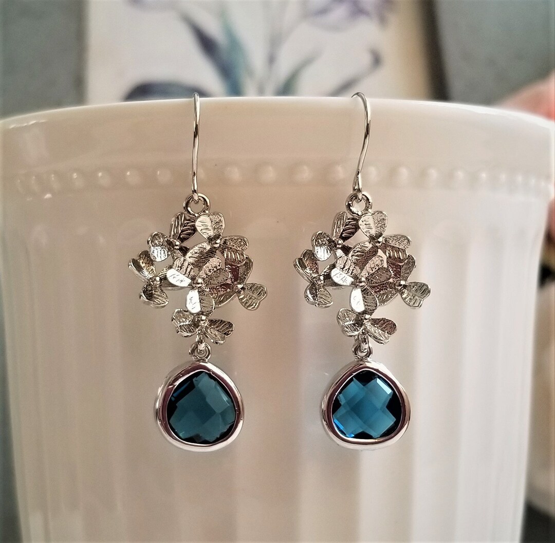 Cluster Flower Earrings Blue Crystal Earrings Silver and Etsy