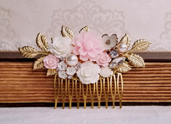 Vintage Floral Hair Combs White Blossom Pink Rhinestone Bridal Romantic Set Amazon.com : Hair Side Combs Bride Wedding Hair Comb Flowers  main image 2
