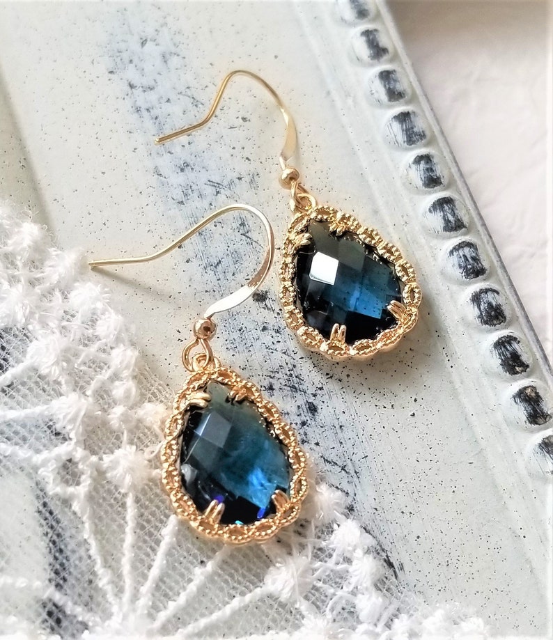 Navy blue drop earrings, Teardrop earrings, Bridal earrings, Blue and gold earrings, Wedding earrings, Something blue, Simple drop earrings image 10