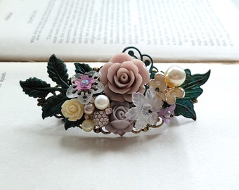 Victorian flower barrette Pearl and rose barrette Mauve light purple jewelry Patina and rustic flower hair accessory Bridal hair barrette