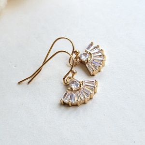 CZ drop earrings, Small dangle Art Deco earrings, Cubic zirconia bridesmaid earrings, Gift for her simple bridal earrings, Gold and CZ drop