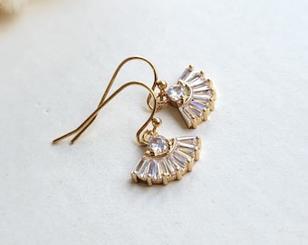 CZ drop earrings, Small dangle Art Deco earrings, Cubic zirconia bridesmaid earrings, Gift for her simple bridal earrings, Gold and CZ drop