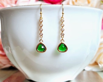 Emerald crystal drop earrings, Petite emerald earrings, CZ earrings, Green drop earrings, Bridal earrings, Earrings gifts, Green earrings