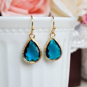 Teal drop earrings, Teal crystal earrings, Teardrop earrings, Bridal earrings, Crystals and gold earrings, Wedding earrings, Teal earrings