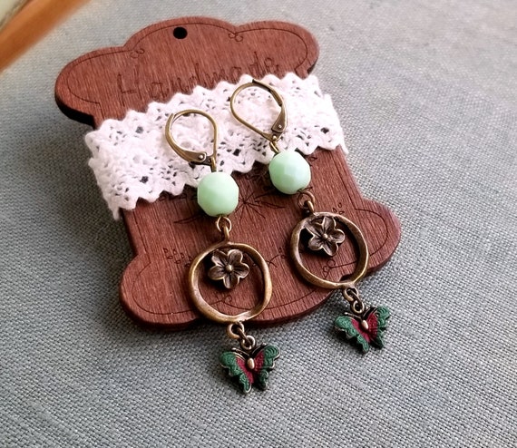 Mint Green Czech Glass Earrings, Rustic Butterfly Boho Earrings - Etsy
