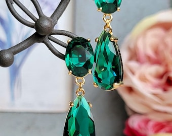 Green drop earrings, S925 post green drop earrings, Green and gold earrings, Large green glass drop earrings, Emerald green stud earrings