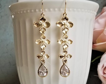 Golden Cascading Flower Earrings, Crystal Teardrop, Bridal Jewelry