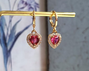 Huggie hoops earrings, Pink heart earrings, Cubic zirconia drop earrings, CZ earrings, Fuchsia pink and gold earrings, Small earrings