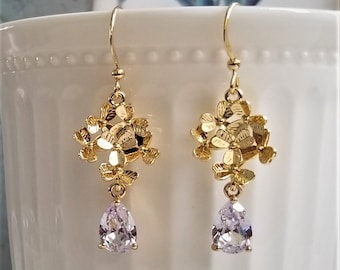 Gold Flower Earrings, Clear Teardrop Crystal, Bridal Jewelry