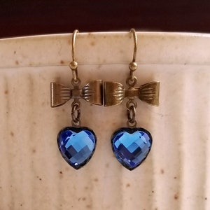 Blue crystal earrings, Heart blue crystal drop earrings, Antique inspired earrings, Party earrings, Something blue earrings, Earring gift