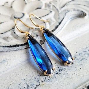 Blue drop earrings, Long teardrop earrings, Crystal dangling earrings, Bridal earrings, Blue earrings, Long crystal earrings, Something blue image 2