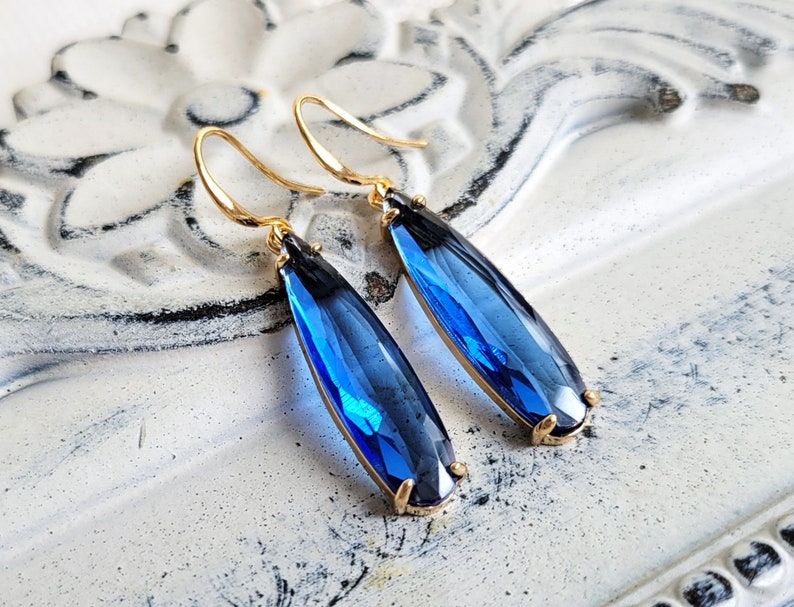 Blue drop earrings, Long teardrop earrings, Crystal dangling earrings, Bridal earrings, Blue earrings, Long crystal earrings, Something blue image 2