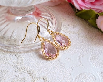 Pink drop earrings, Light pink crystal earrings, Bridal earrings, Pink and gold earrings, Bridesmaid's earrings, Simple pink earrings