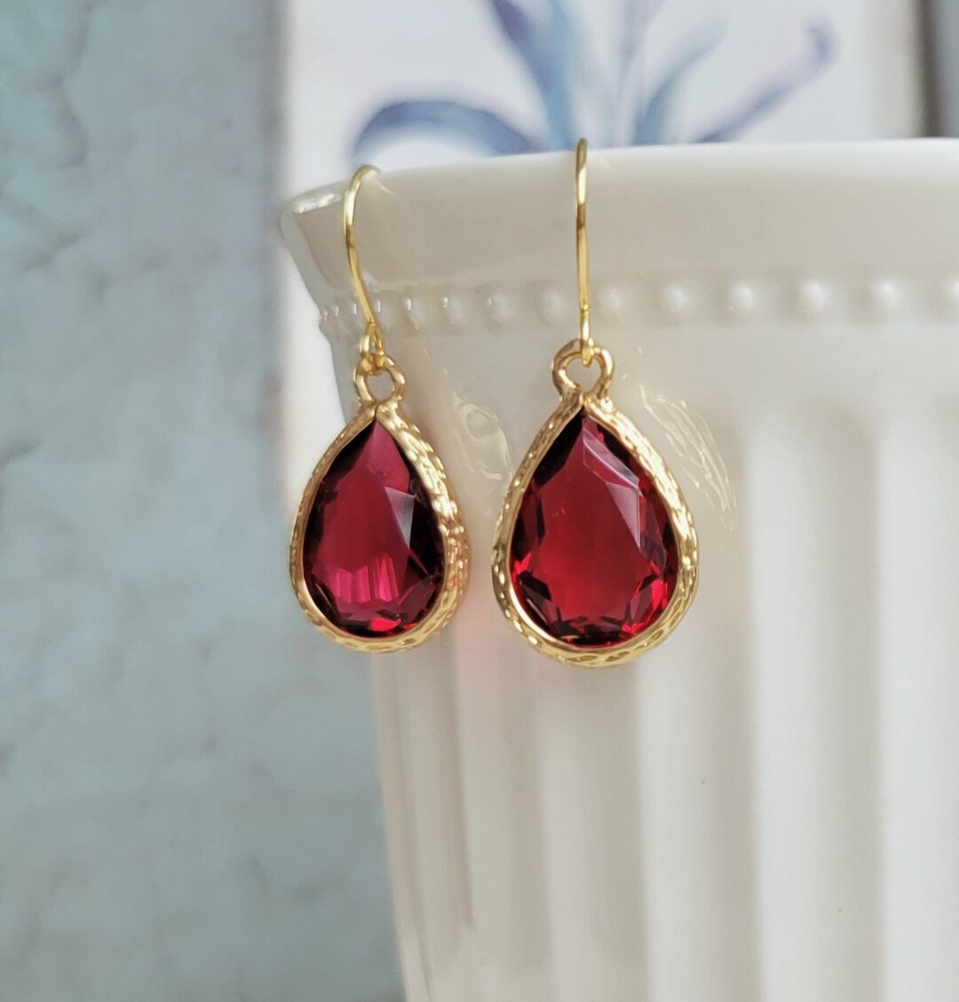 Burgundy Drop Earrings Burgundy Crystal Dangling Earrings Red Drop ...