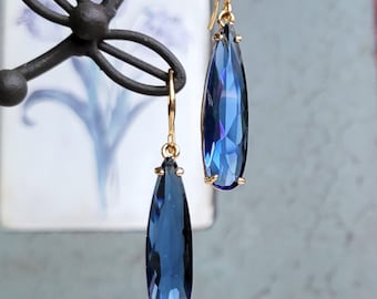 Blue drop earrings, Long teardrop earrings, Crystal dangling earrings, Bridal earrings, Blue earrings, Long crystal earrings, Something blue