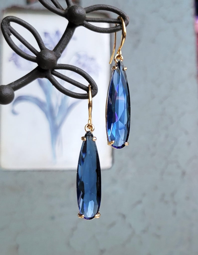 Blue drop earrings, Long teardrop earrings, Crystal dangling earrings, Bridal earrings, Blue earrings, Long crystal earrings, Something blue image 1
