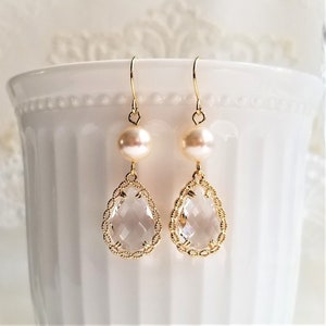 Druppeloorbellen Swarovski-parel en kristal, bruidsoorbellen, trouwoorbellen, druppeloorbellen, druppeloorbellen kristal, gouden oorbellen