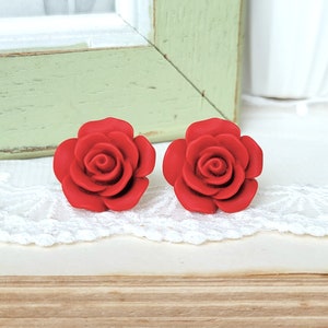 Red Flower earrings, Large Flower stud earring, Matte red rose earrings gift, S925 Sterling silver post earring, Christmas flower earring image 3