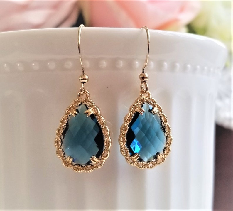 Navy blue drop earrings, Teardrop earrings, Bridal earrings, Blue and gold earrings, Wedding earrings, Something blue, Simple drop earrings image 3