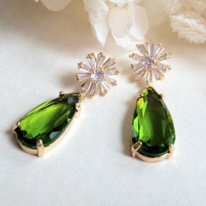 Olive green drop earrings, CZ flower stud earrings, Peridot green earrings, S925 post Boho wedding earrings, Daisy earrings