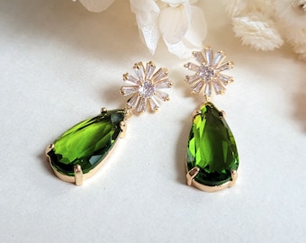 Olive green drop earrings, CZ flower stud earrings, Peridot green earrings, S925 post Boho wedding earrings, Daisy earrings