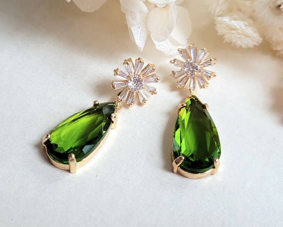 Olive Green Drop Earrings, CZ Flower Stud Earrings, Peridot Green