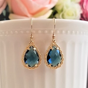 Navy blue drop earrings, Teardrop earrings, Bridal earrings, Blue and gold earrings, Wedding earrings, Something blue, Simple drop earrings image 5