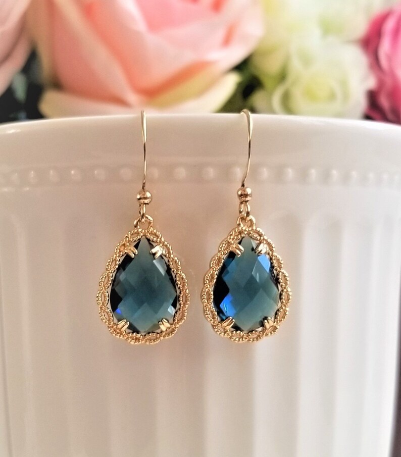 Navy blue drop earrings, Teardrop earrings, Bridal earrings, Blue and gold earrings, Wedding earrings, Something blue, Simple drop earrings image 5