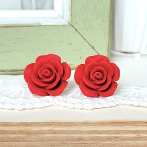 Red Flower earrings, Large Flower stud earring, Matte red rose earrings gift, S925 Sterling silver post earring, Christmas flower earring image 6