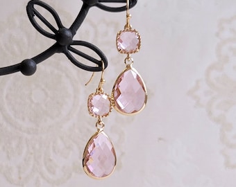 Pink glass drop earrings, Bridal earrings, Wedding jewelry, Pink crystal and gold earrings, Pink drop earrings, Pink earrings, Pink jewelry