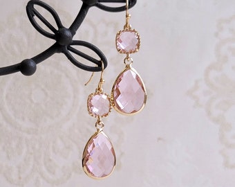 Pink glass drop earrings, Bridal earrings, Wedding jewelry, Pink crystal and gold earrings, Pink drop earrings, Pink earrings, Pink jewelry