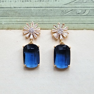 Blue drop earrings, CZ flower stud earrings, Antique inspired sapphire earrings, S925 post, Boho wedding earrings, Daisy flower earrings