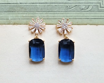 Blue drop earrings, CZ flower stud earrings, Antique inspired sapphire earrings, S925 post, Boho wedding earrings, Daisy flower earrings