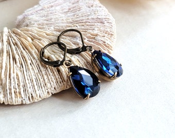 Blue crystal teardrop earrings, Navy blue earrings, Rustic earrings, Blue boho earrings, Modern everyday wear, Gift for her earrings