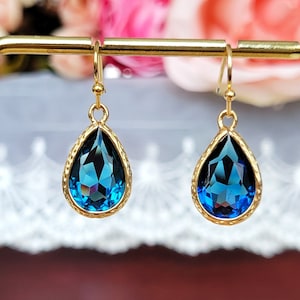 Navy blue drop earrings, Teardrop earrings, Bridal earrings, Blue and gold earrings, Wedding earrings, Something blue, Simple drop earrings