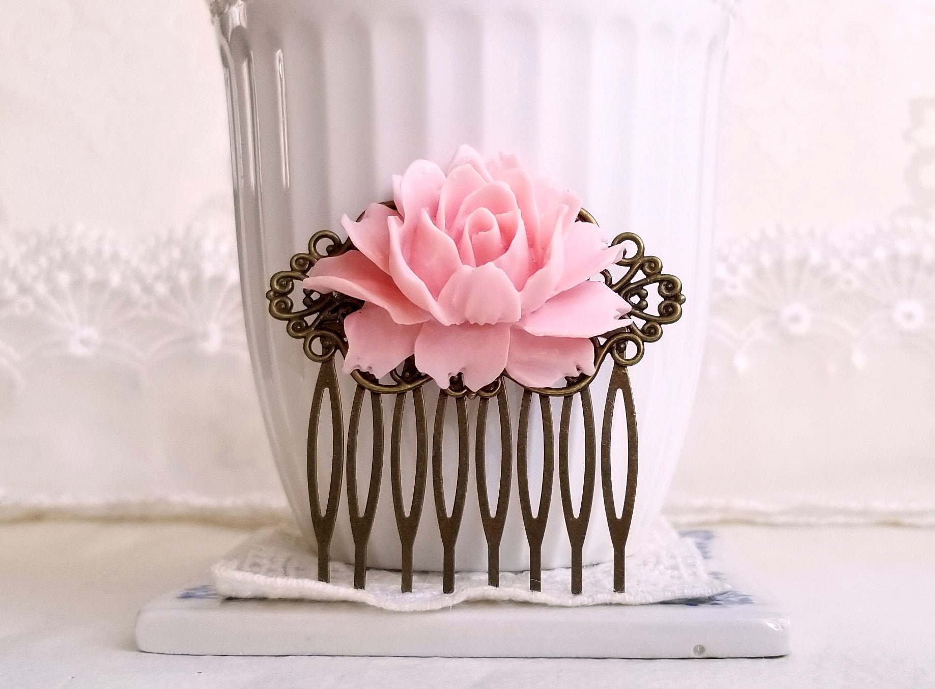 Baby Pink Rose Comb Rustic Bridal Comb Flower Wedding Hair Etsy