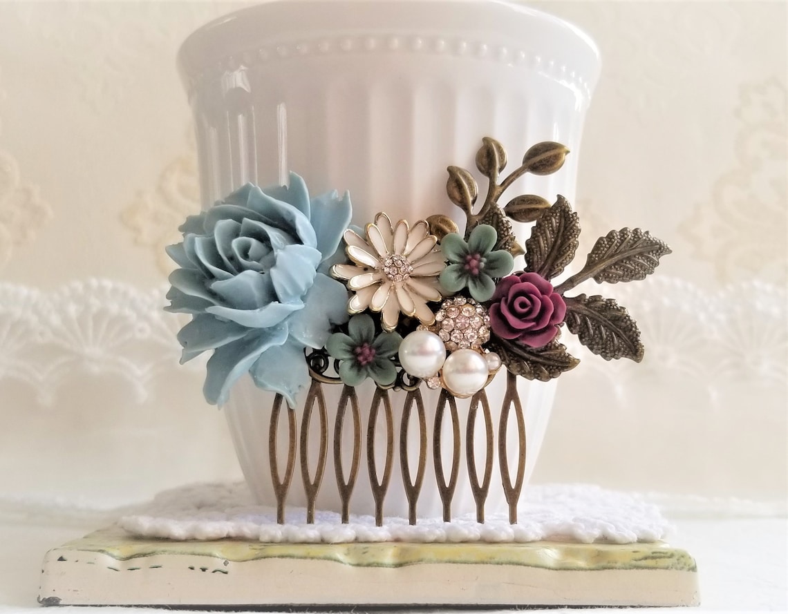 Dusty blue comb Rustic flower comb Shabby chic comb image 1