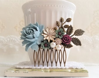 Dusty blue comb, Rustic flower comb, Shabby chic comb, Burgundy flower comb, Bridal comb, Something blue flower comb, Blue and white flower