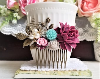 Burgundy, gray and aqua roses, Country garden hair accessory, Shabby chic bridal hair comb, Rustic flower comb, Burgundy flower comb