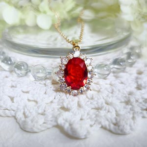 Red Crystal Drop Earrings, Gold Plated CZ Halo, Bridal Jewelry image 4