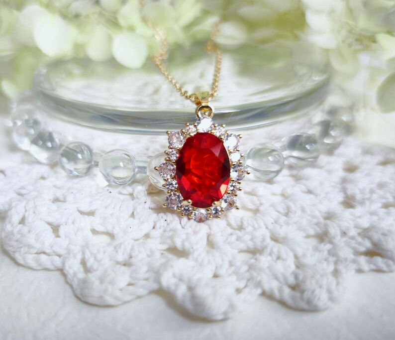 Red Crystal Drop Earrings, Gold Plated CZ Halo, Bridal Jewelry image 4