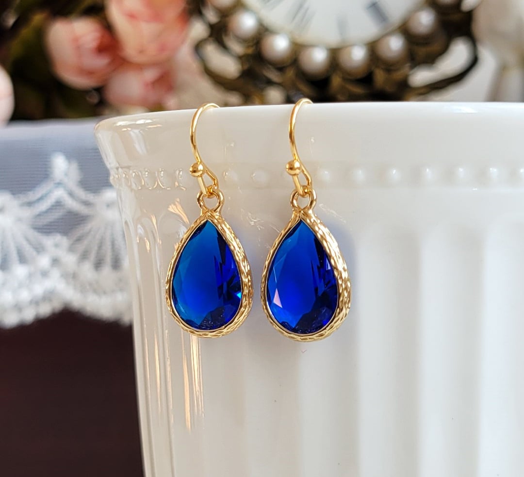 Sapphire Blue Teardrop Earrings, Gold Plated Bridal Jewelry Etsy — free download
