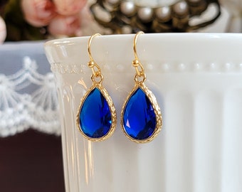 Sapphire drop earrings, Blue and gold earrings, Blue drop earrings, Bridal earrings, Royal blue drop earrings, Blue earrings, Something blue
