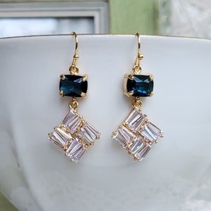 Navy blue clear crystal drop earrings Something blue Mosaic CZ crystal earrings Blue and gold earrings Blue and gold earrings gift for her image 7