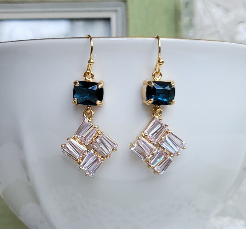 Navy blue clear crystal drop earrings Something blue Mosaic CZ crystal earrings Blue and gold earrings Blue and gold earrings gift for her image 7