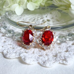 Red Crystal Drop Earrings, Gold Plated CZ Halo, Bridal Jewelry image 7