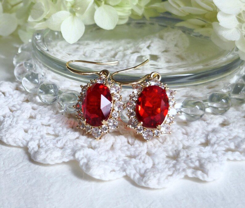 Red Crystal Drop Earrings, Gold Plated CZ Halo, Bridal Jewelry image 7