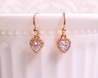 Cubic Zirconia dangling earrings, Minimal jewelry, Golden earrings, Heart crystal earrings, Earrings gift, Petite earrings